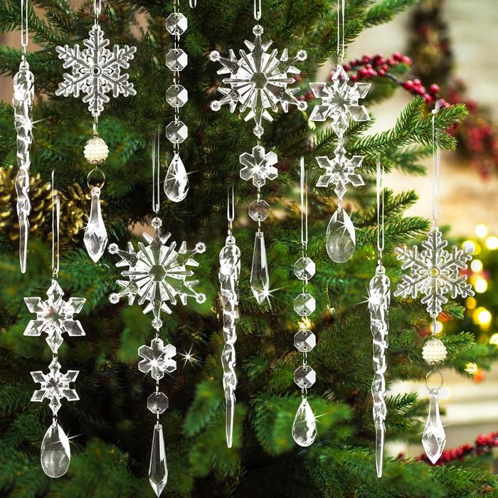 18pcs Christmas Tree Decoration Crystal Ornaments, Hanging Acrylic Christmas Snowflake Icicle Drop Crystal Ornaments for Christmas Tree