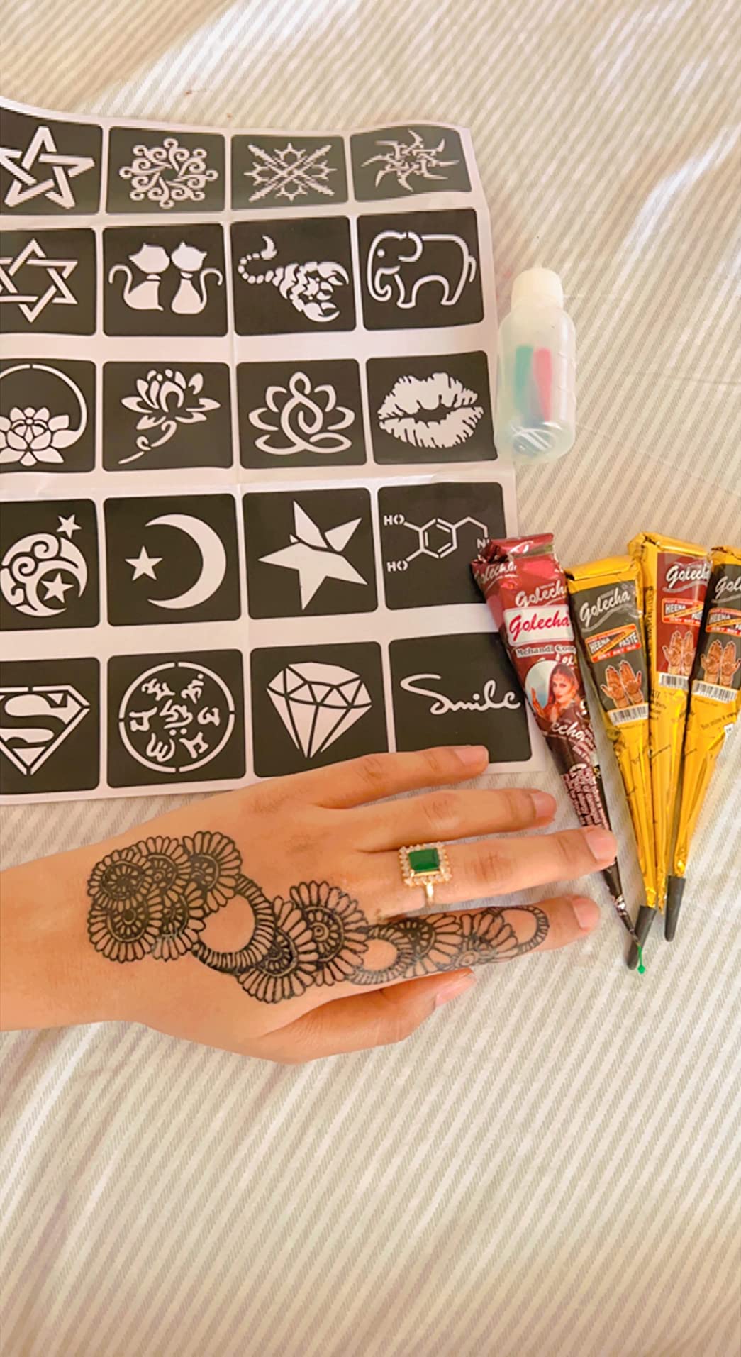3 Colors Conical Temporary Henna Tattoos Painting Set with 20 Adhesive Stencils photo review