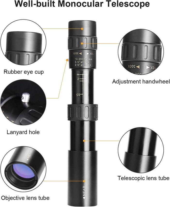 10-300x Zoom Monocular Telescope with HD Optics and Durable Body