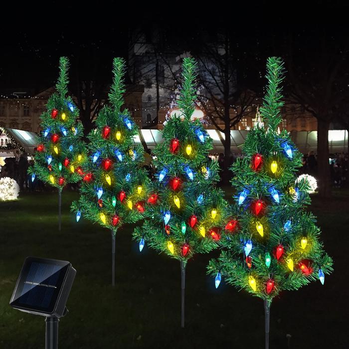 4pcs Solar Christmas Tree Lights Outdoor Decorations, with Multicolor LEDs Solar Christmas C6 Strawberry String Lights