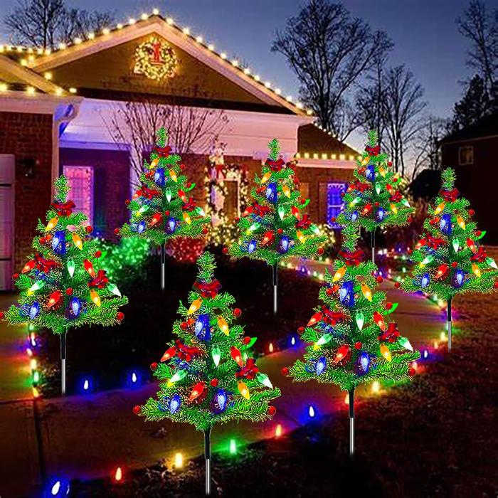 4pcs Solar Christmas Tree Lights Outdoor Decorations, with Multicolor LEDs Solar Christmas C6 Strawberry String Lights