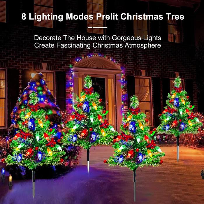 4pcs Solar Christmas Tree Lights Outdoor Decorations, with Multicolor LEDs Solar Christmas C6 Strawberry String Lights