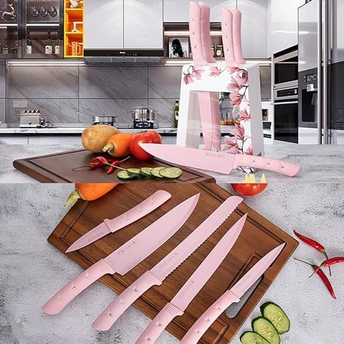 5-Piece Stainless Steel Knife Set with Holder, Pink Handle