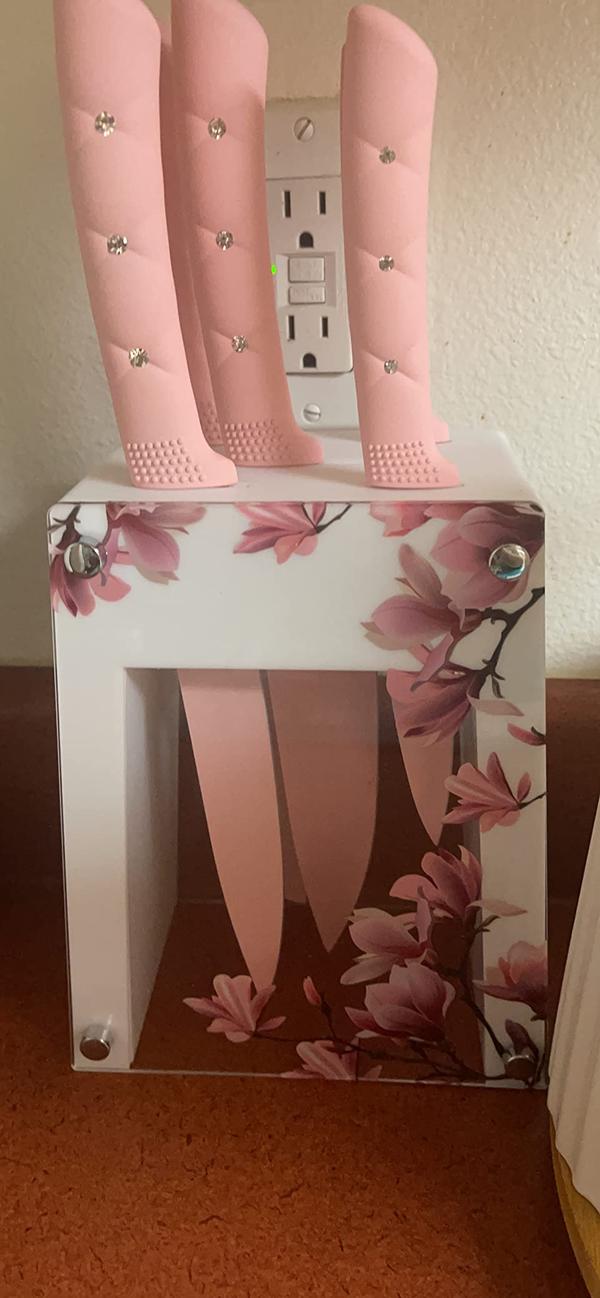5-Piece Stainless Steel Knife Set with Holder, Pink Handle photo review