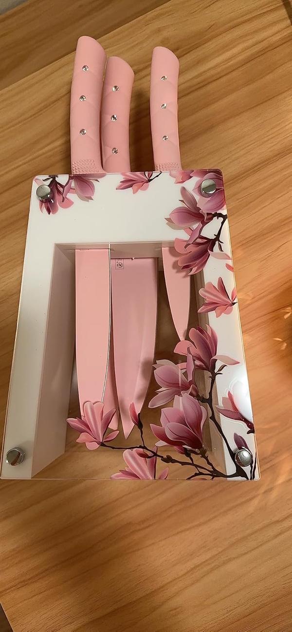 5-Piece Stainless Steel Knife Set with Holder, Pink Handle photo review