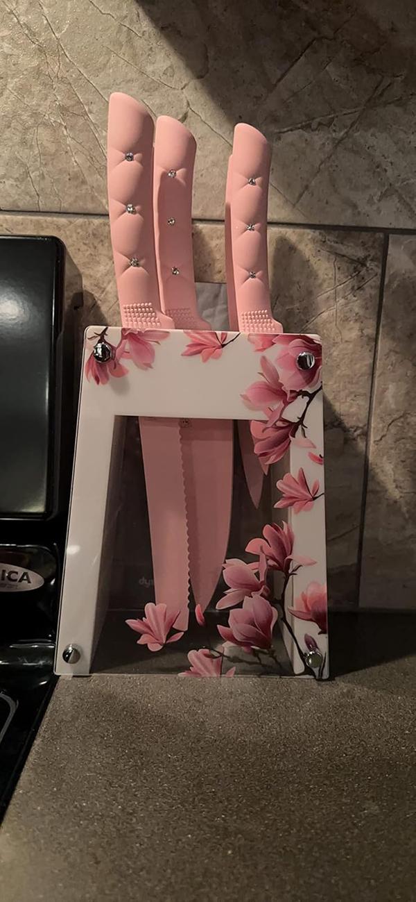 5-Piece Stainless Steel Knife Set with Holder, Pink Handle photo review