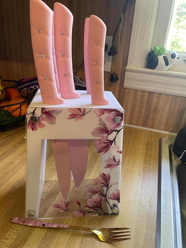 5-Piece Stainless Steel Knife Set with Holder, Pink Handle photo review