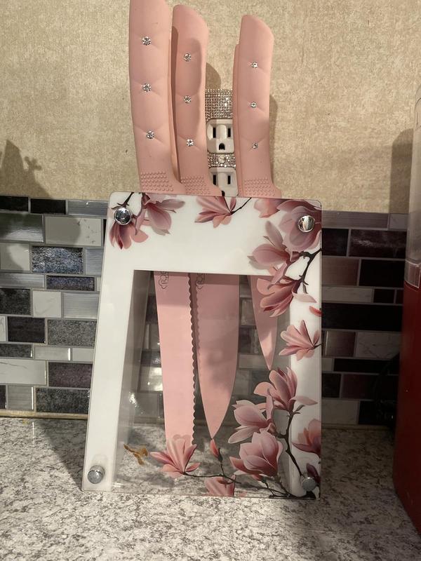 5-Piece Stainless Steel Knife Set with Holder, Pink Handle photo review