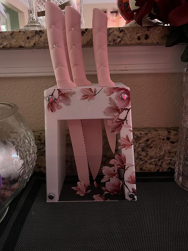5-Piece Stainless Steel Knife Set with Holder, Pink Handle photo review