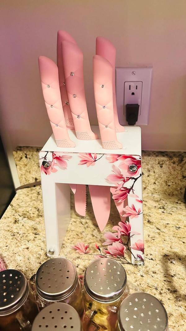 5-Piece Stainless Steel Knife Set with Holder, Pink Handle photo review