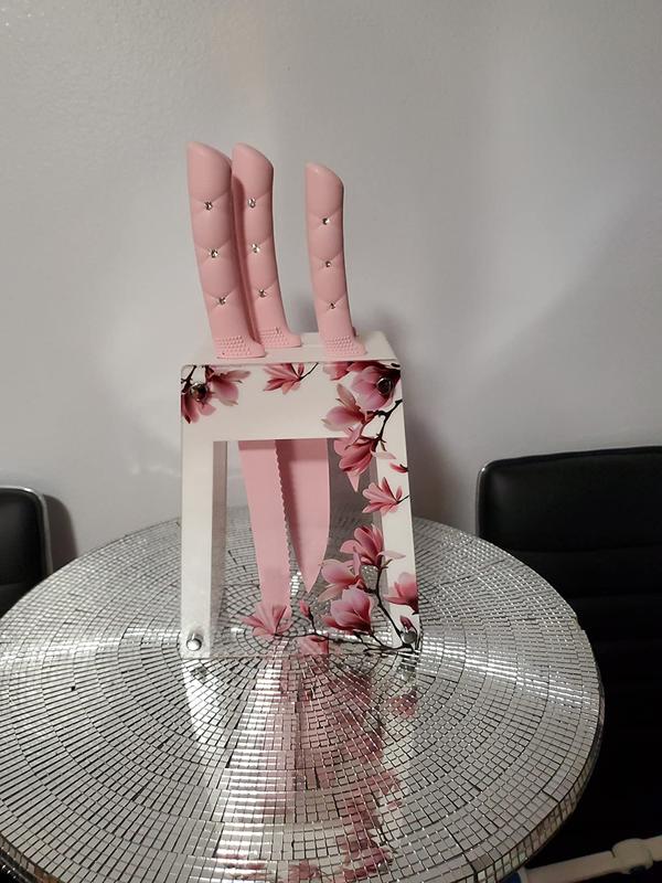 5-Piece Stainless Steel Knife Set with Holder, Pink Handle photo review