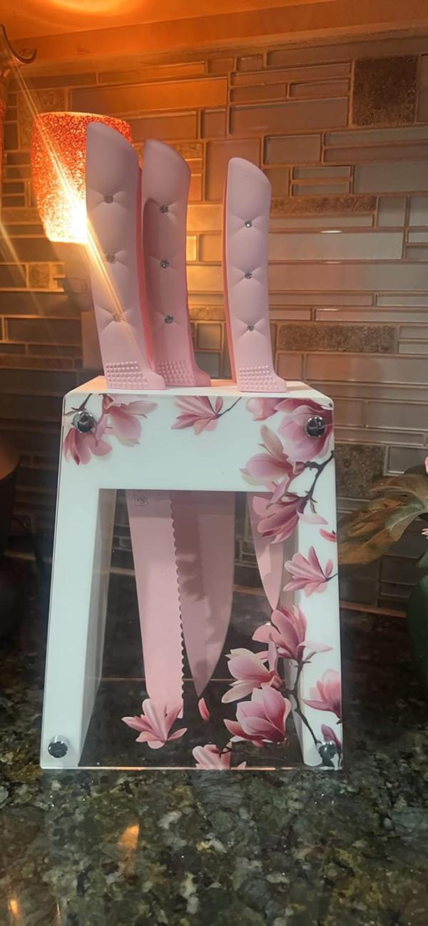 5-Piece Stainless Steel Knife Set with Holder, Pink Handle photo review