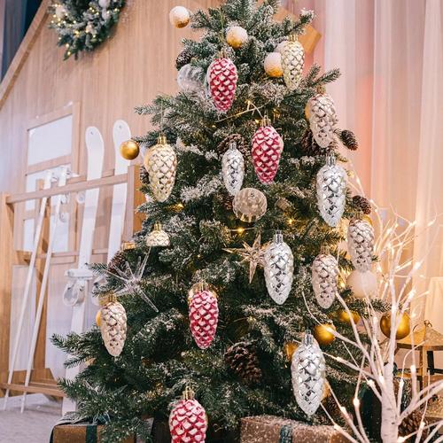 Set of 5 Christmas Painted Pine Balls - Merry Christmas Tree Ornaments