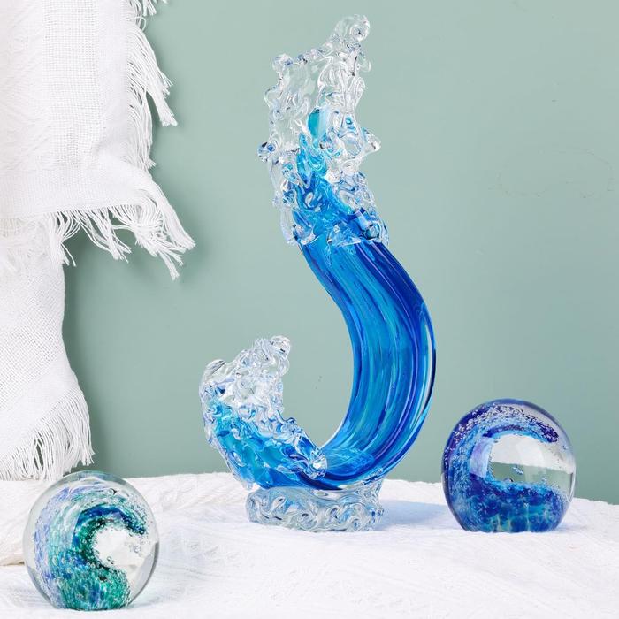 Blue Glass Beach House Decor, Hand Blown Glass Ocean Wave Decor, Tall Blue Glass Sculpture Home Decor