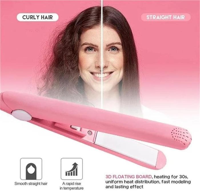 Ceramic Mini Hair Curler & Straightener 2-in-1, Quick Hair Styling Fast Heating Straightener