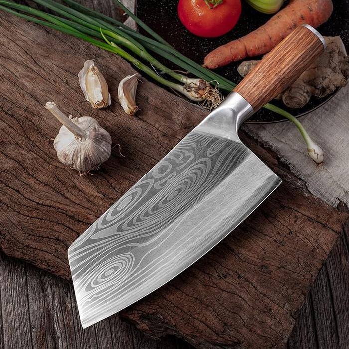 Damascus Chef Knife, Wood Handle Cleaver, Butcher Knife for Meat Chopping