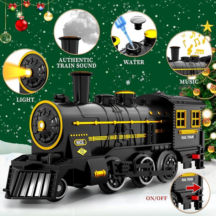 Christmas Train, Electric Train Set with Retro Classic Steam Engine Wagon, Battery Powered Train Playset with Smoke Lights and Sounds