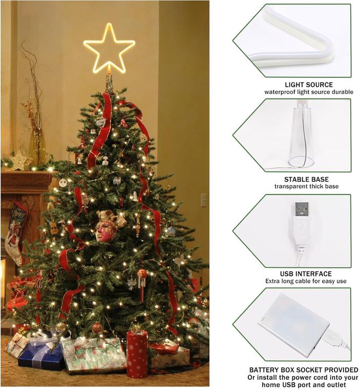 Christmas Tree Topper Large 5 Point Star Treetop with LED Warm White Lights, LED Tree Top Light Three-dimensional Luminous Star Light