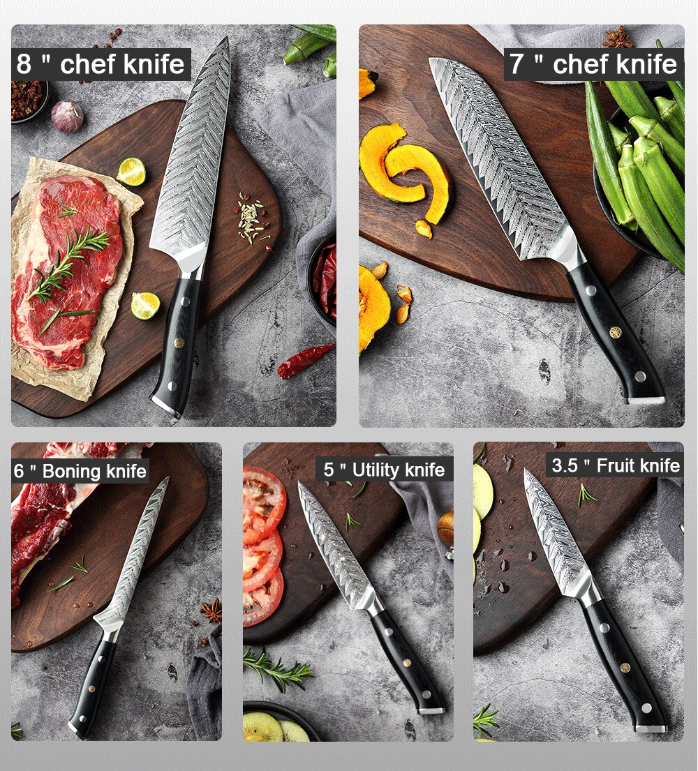 Japanese Hand Forged Damascus Kitchen Knife Set