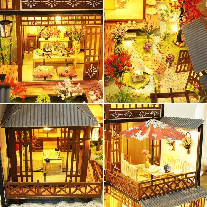 DIY Japanese Wooden Dollhouse Kit with Furniture, Music Box, and Dust Cover