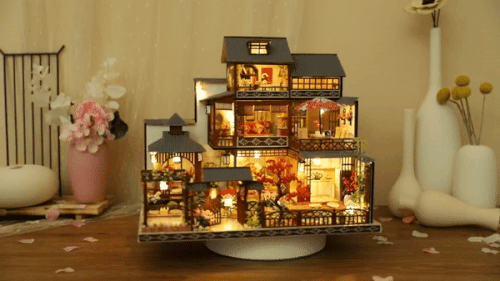 DIY Japanese Wooden Dollhouse Kit with Furniture, Music Box, and Dust Cover