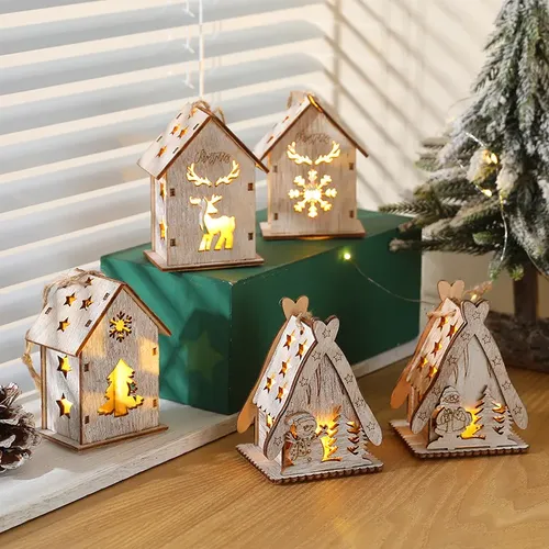 LED Light Wooden House Christmas Decorations for Kids