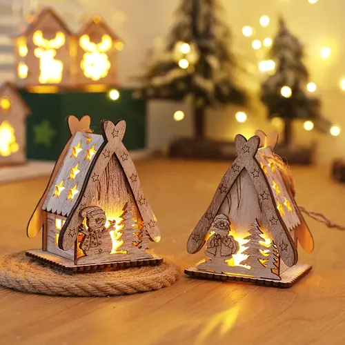 LED Light Wooden House Christmas Decorations for Kids