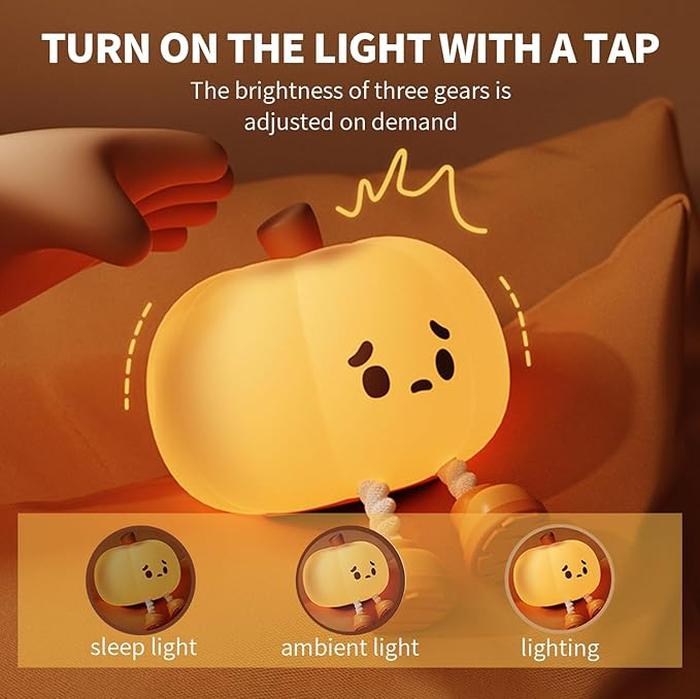 Pumpkin Night Light, Cute LED Lamp, Silicone Dimmable Nursery Nightlight for Kids, Silicone Rechargeable Bedside Touch Lamp