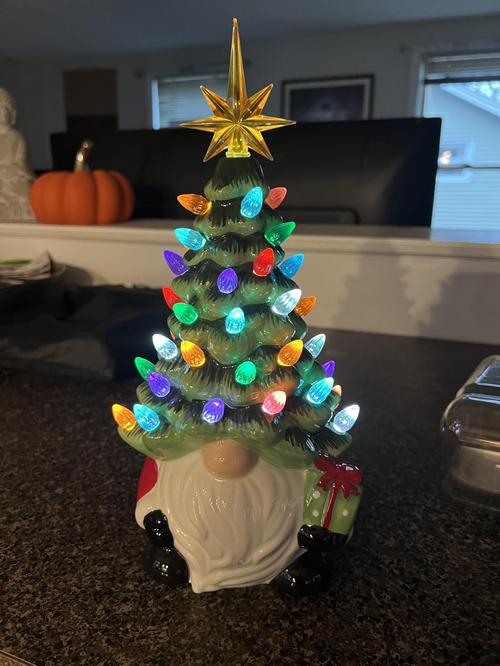 Gnomes Christmas Decorations, Lighted Up Gnomes Ceramic Christmas Tree with Multicolored Lights, Small Mini Pre Lit Xmas Holiday Decor photo review