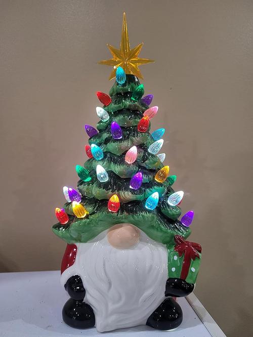 Gnomes Christmas Decorations, Lighted Up Gnomes Ceramic Christmas Tree with Multicolored Lights, Small Mini Pre Lit Xmas Holiday Decor photo review