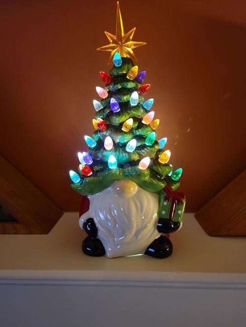 Gnomes Christmas Decorations, Lighted Up Gnomes Ceramic Christmas Tree with Multicolored Lights, Small Mini Pre Lit Xmas Holiday Decor photo review