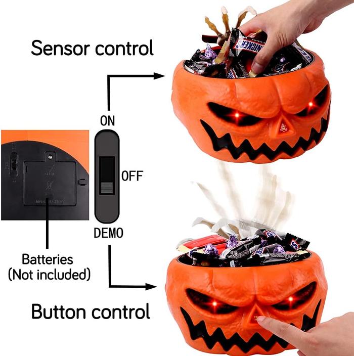 Halloween Candy Bowl, Animated Pumpkin Candy Holder, Lighted Red Eyes and Sound Candy Dish with Motion Activated