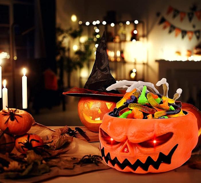 Halloween Candy Bowl, Animated Pumpkin Candy Holder, Lighted Red Eyes and Sound Candy Dish with Motion Activated