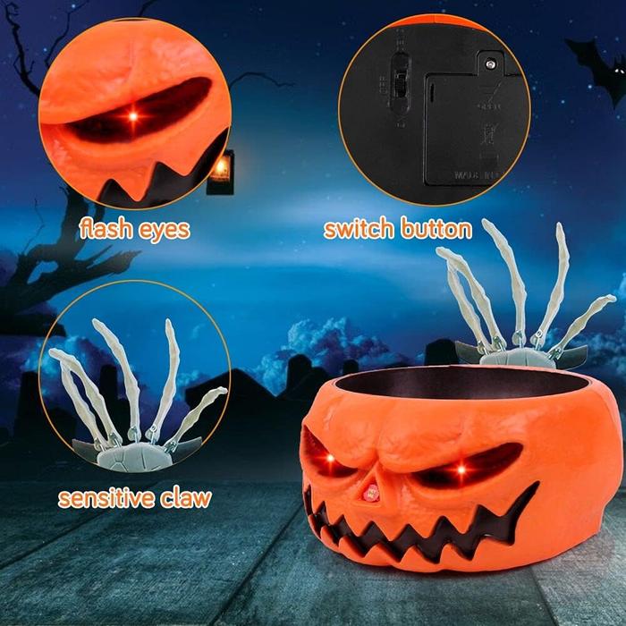 Halloween Candy Bowl, Animated Pumpkin Candy Holder, Lighted Red Eyes and Sound Candy Dish with Motion Activated