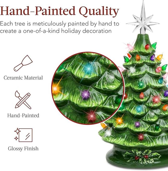 Hand Painted Ceramic Christmas Tree, Green 15-inch Pre-Lit Tree