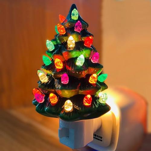 Vintage Ceramic Christmas Tree Night Light with Colorful Lights
