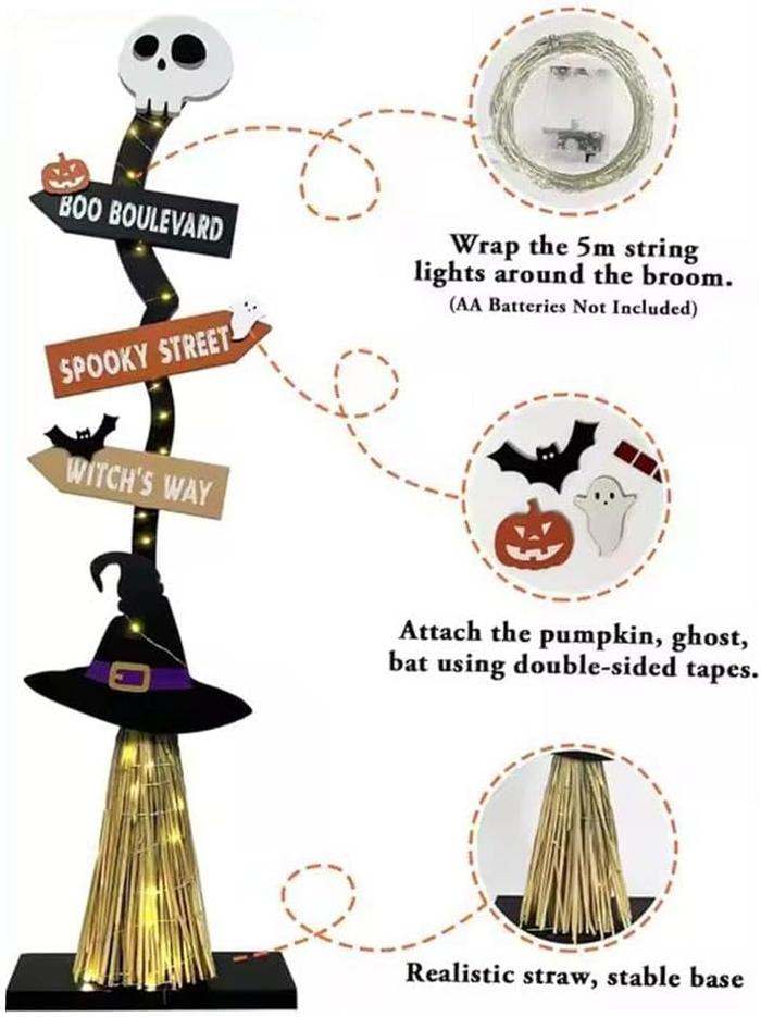 Lighted Halloween Wooden Witch’s Broom For Indoor Outdoor Porch Yard Decor - Spooky Light Up Halloween Witch Decorations Sign