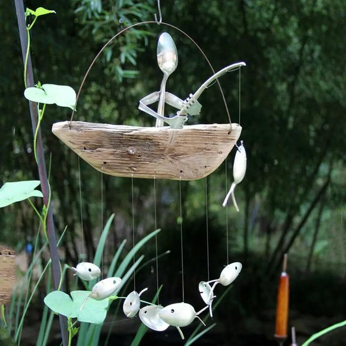 Lovely Fishing Man Spoon Fish Sculpture Wind Chime