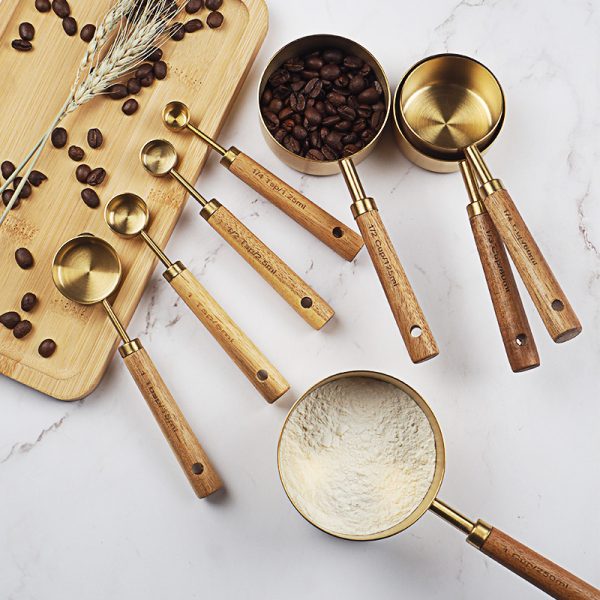 Wooden Handle Stainless Steel Measuring Spoon Set for Baking, Coffee, and Bartending