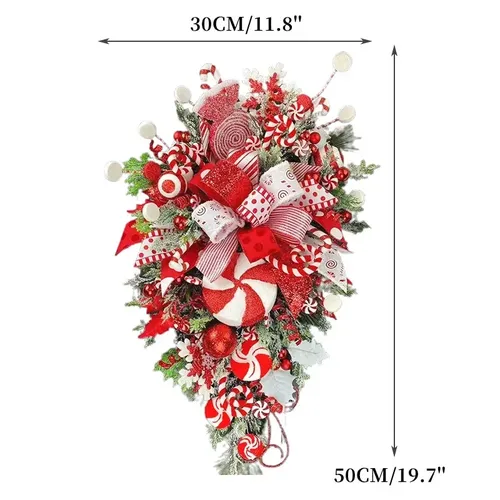Christmas Garland with Candy Cane Bow for Front Door Window Wall Hanging Decorations