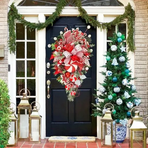Christmas Garland with Candy Cane Bow for Front Door Window Wall Hanging Decorations