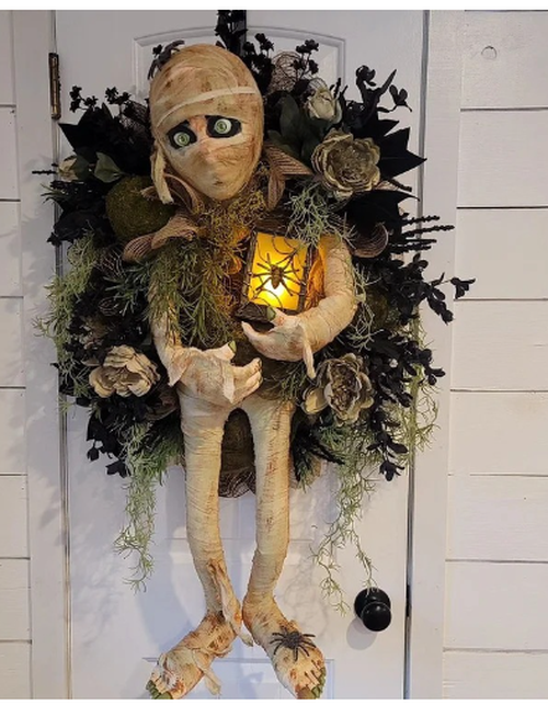 Halloween Mummy Wreath for Front Door, Realistic Mummy Halloween Door Wreath with Spider and Halloween Lanterns photo review