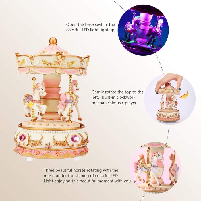 Music Box Carousel Horse Color Lights Unicorn Musical Merry-Go-Round, Wind Up Musical Boxes with Horses Color