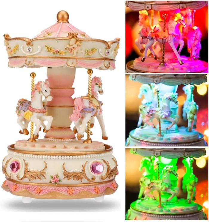 Music Box Carousel Horse Color Lights Unicorn Musical Merry-Go-Round, Wind Up Musical Boxes with Horses Color