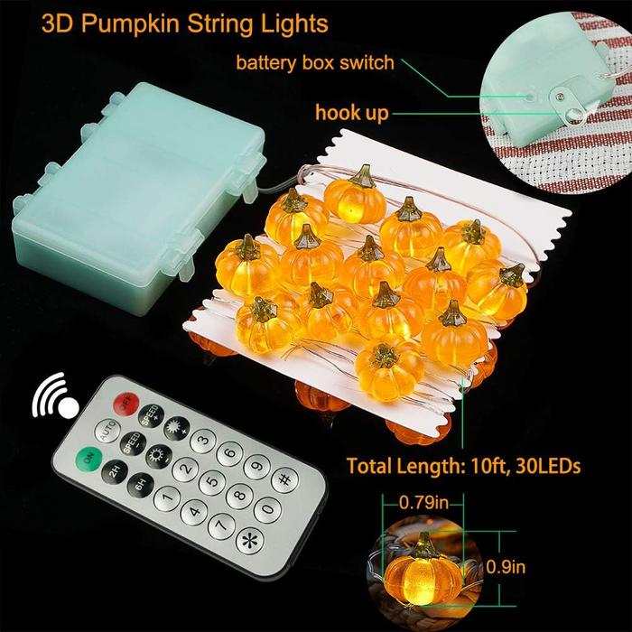 Pumpkin String Lights, LED Halloween Lights Battery Powered with Remote & Timer, Halloween Lights 3D Jack-o-Lantern