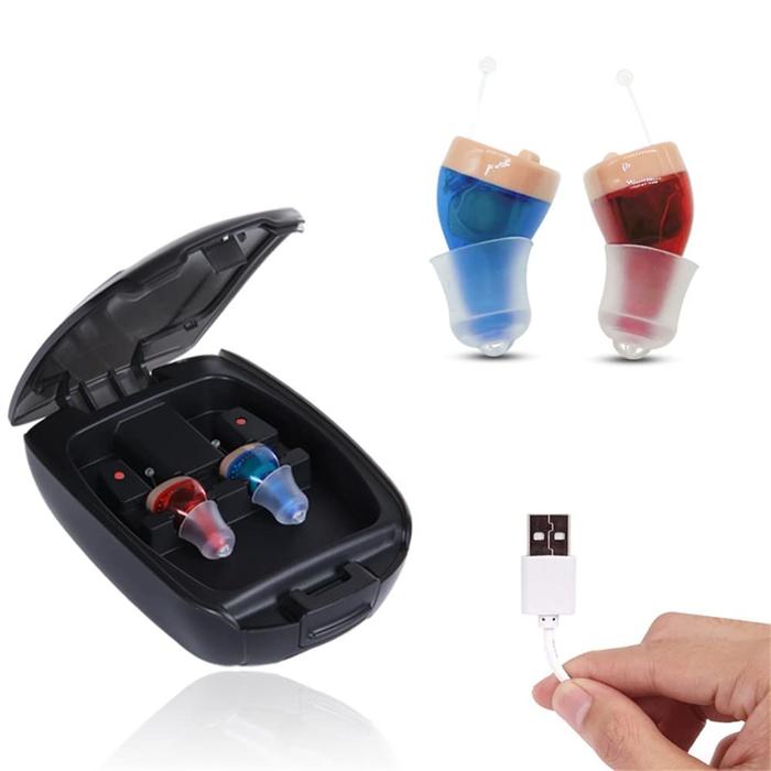 Rechargeable Invisible Hearing Aids with Charging Case and Accessories