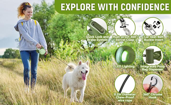 Retractable Dog Leash With Flashlight, 4 In 1 Dog Leash Retractable, Anti-Slip Handle