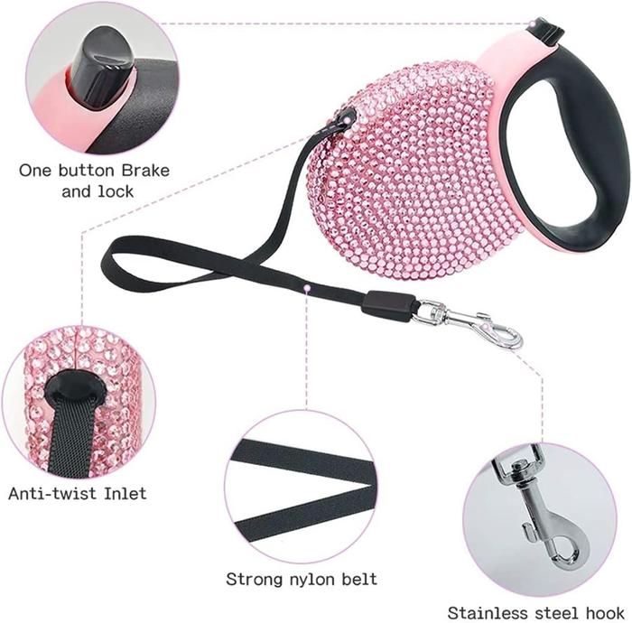 Rhinestone Retractable Dog Leash Bling, Cat Walking Leash Pink for Small Breed, 360° Tangle-Free