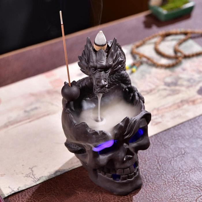 Dragon Incense Holder Waterfall with LED, Skull Head Dragon Incense Burner, Ceramic Backflow Incense Holder