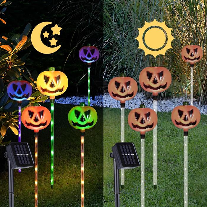 6-Pack Solar Halloween Pumpkin Garden Stake Lights, Solar Halloween Yard Stake Outdoor Waterproof Halloween Lighted Pumpkin Lights